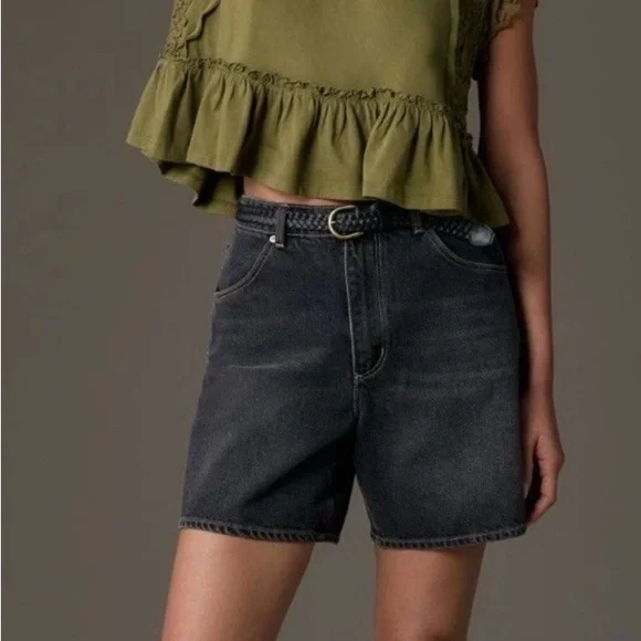 Anthropologie Lace Sleeve Ruffle Hem Crop Top Moss Green Medium - Picture 2 of 9